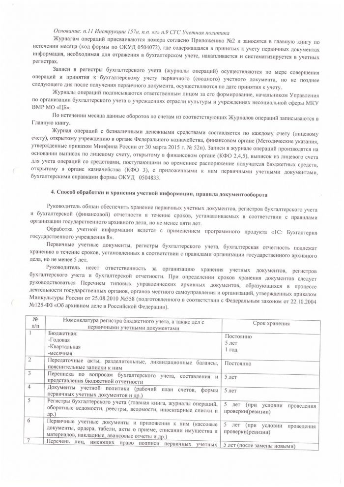 Приложение №1 к Учётной политике МУ ВКМЦК и Т Истоки, утверждённой приказом от 29.12.2018 г. №145